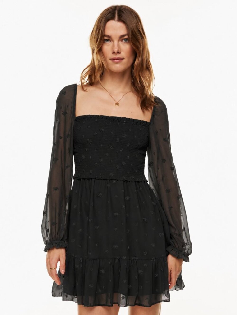 Aritzia Wilfred Tempest Mini Dress Embroidered Floral Smocked Chiffon Black Sm